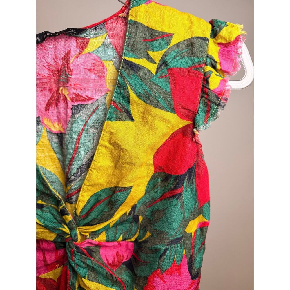 Zara Basic 100% Linen Tropical Floral Twist Front Top - Picture 3 of 5